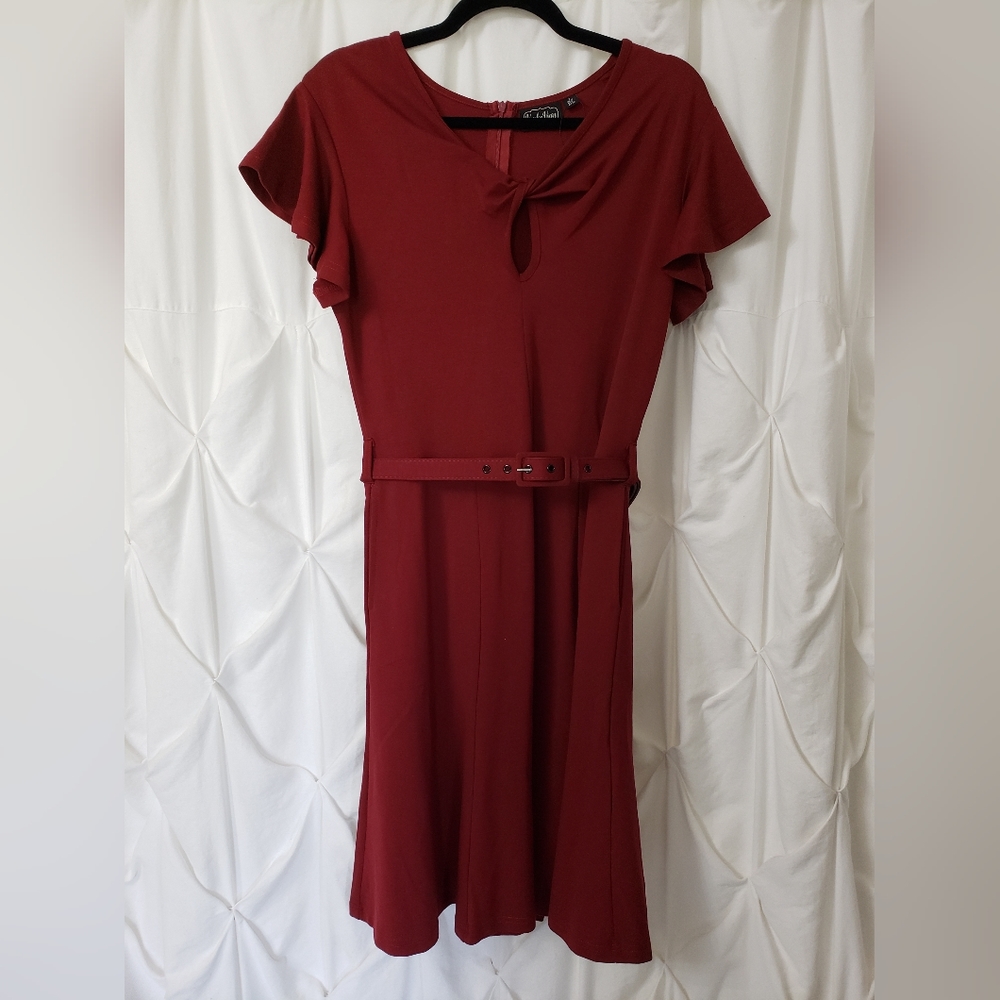Voodoo Vixen 1950s Burgundy Red Twist Keyhole Swing Dress Sz L NWOT